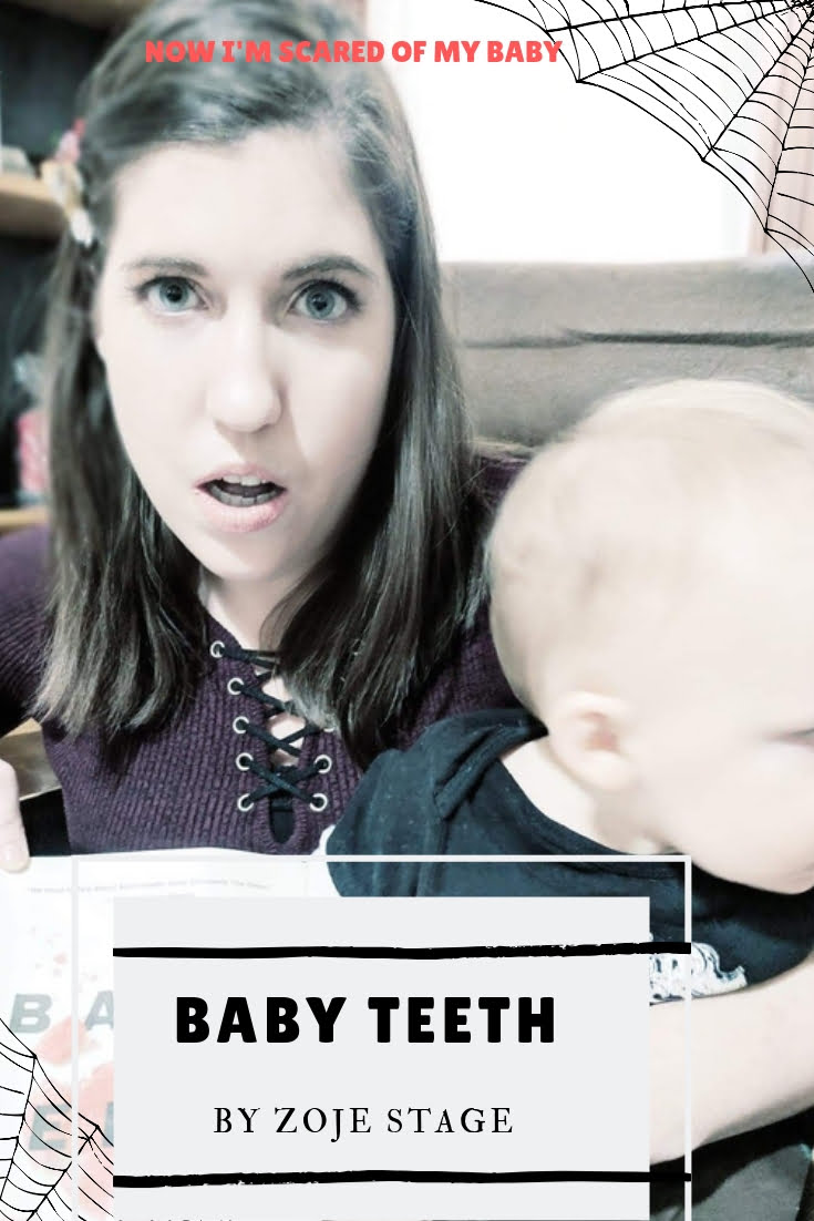 woman holding baby and book looking shocked